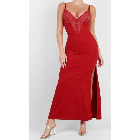 Popilush Satin Lace Shapewear Maxi Gown Dress L Red NWT - Picture 1 of 9